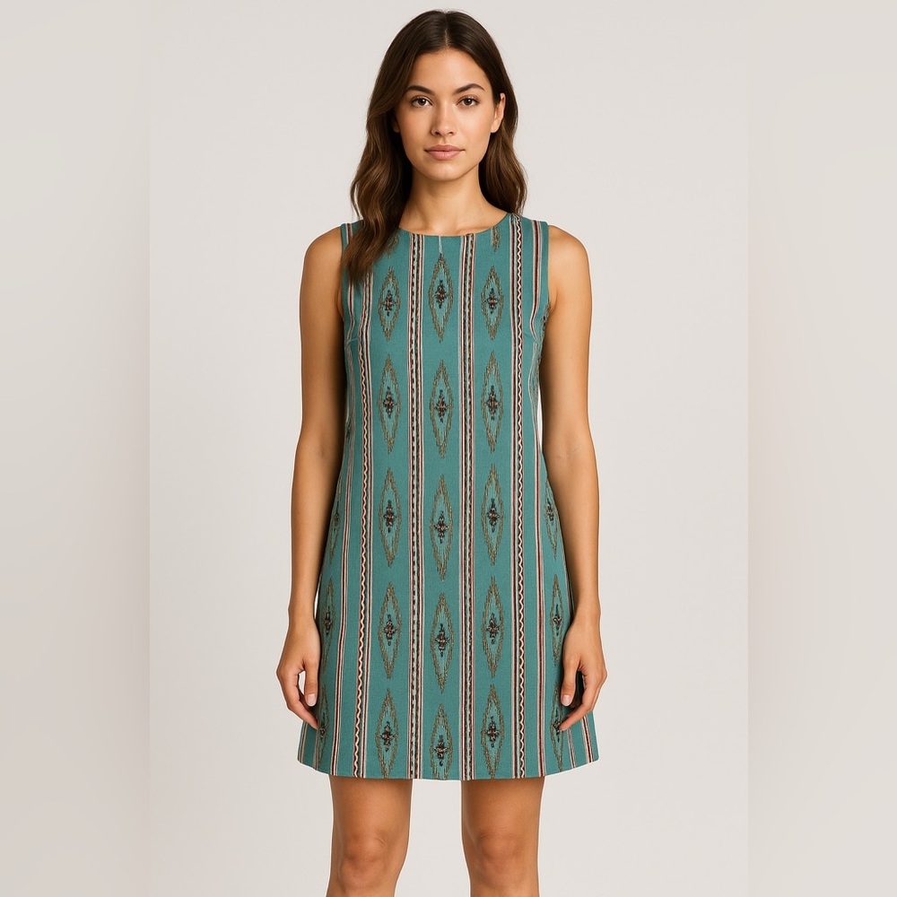 Alice + Olivia Beaded Ikat Stripe Shift Dress Southwest Boho Blue Multi NWT 12